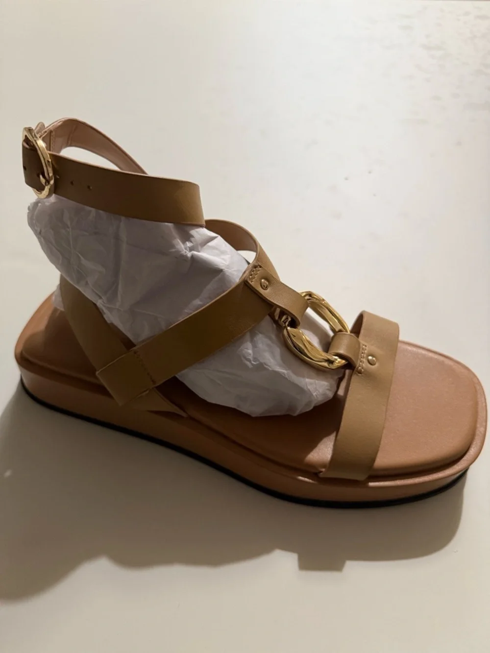 Zara Women's Tan Leather Strap Sandals with Gold Accent - Picture 1 of 6